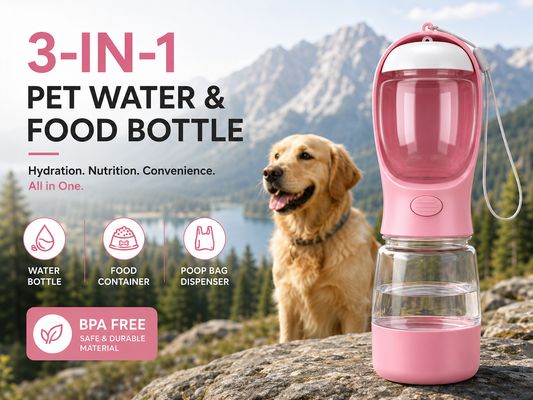 PawFlow 3-in-1 dog travel bottle held in hand showing compact size