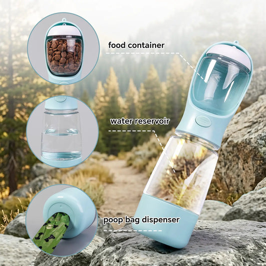 Ultimate Portable 3-In-1 Dog Water Bottle with Food Container & Built-In Poop Bag Dispenser - Perfect for Hiking & Walking