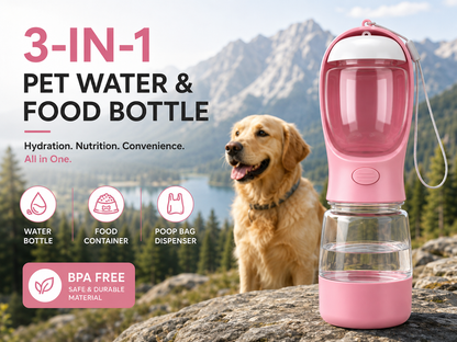 PawFlow 3-in-1 dog travel bottle held in hand showing compact size