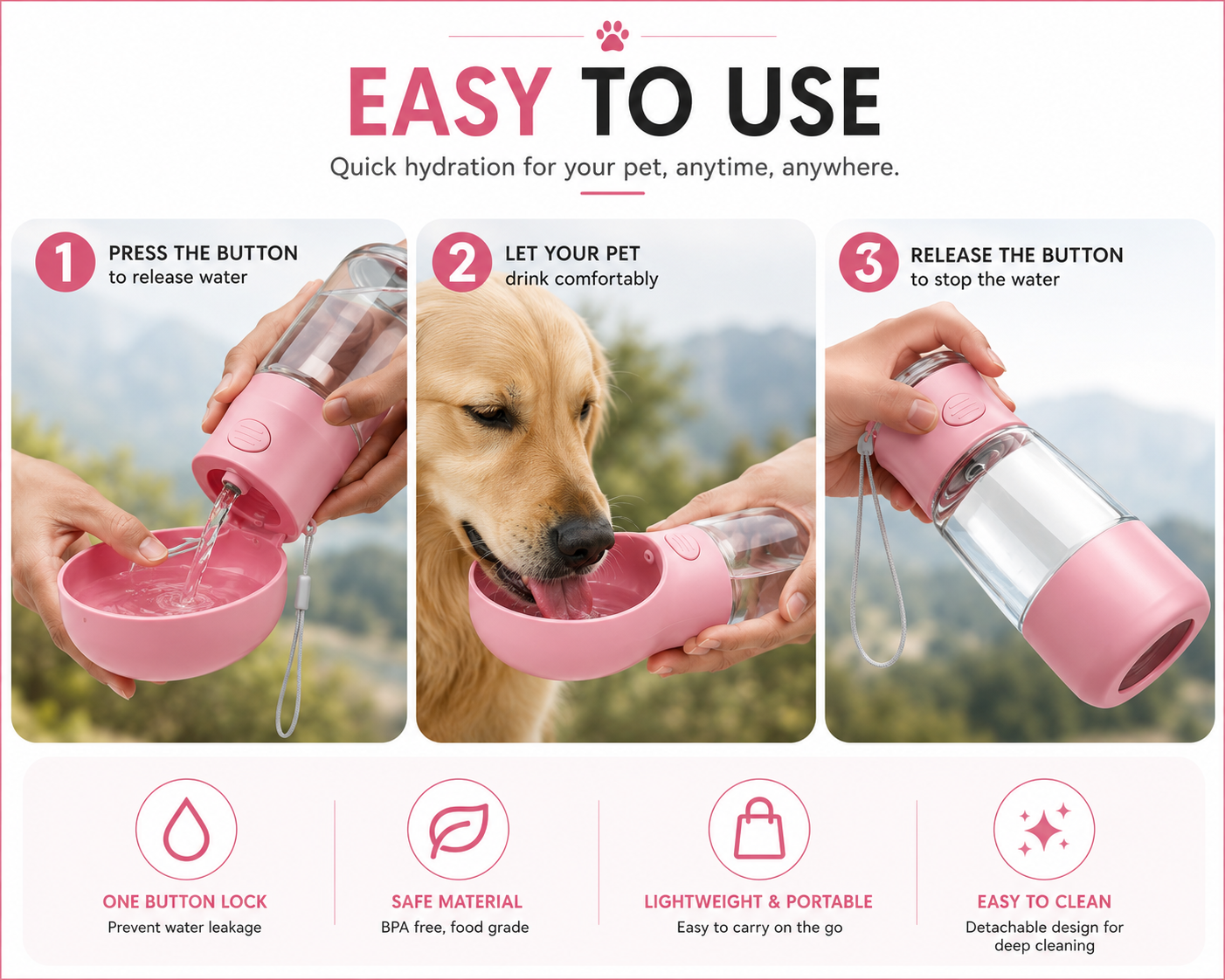 PawFlow dog travel bottle dispensing water into fold-out bowl on a walk