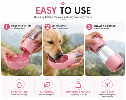 PawFlow dog travel bottle dispensing water into fold-out bowl on a walk